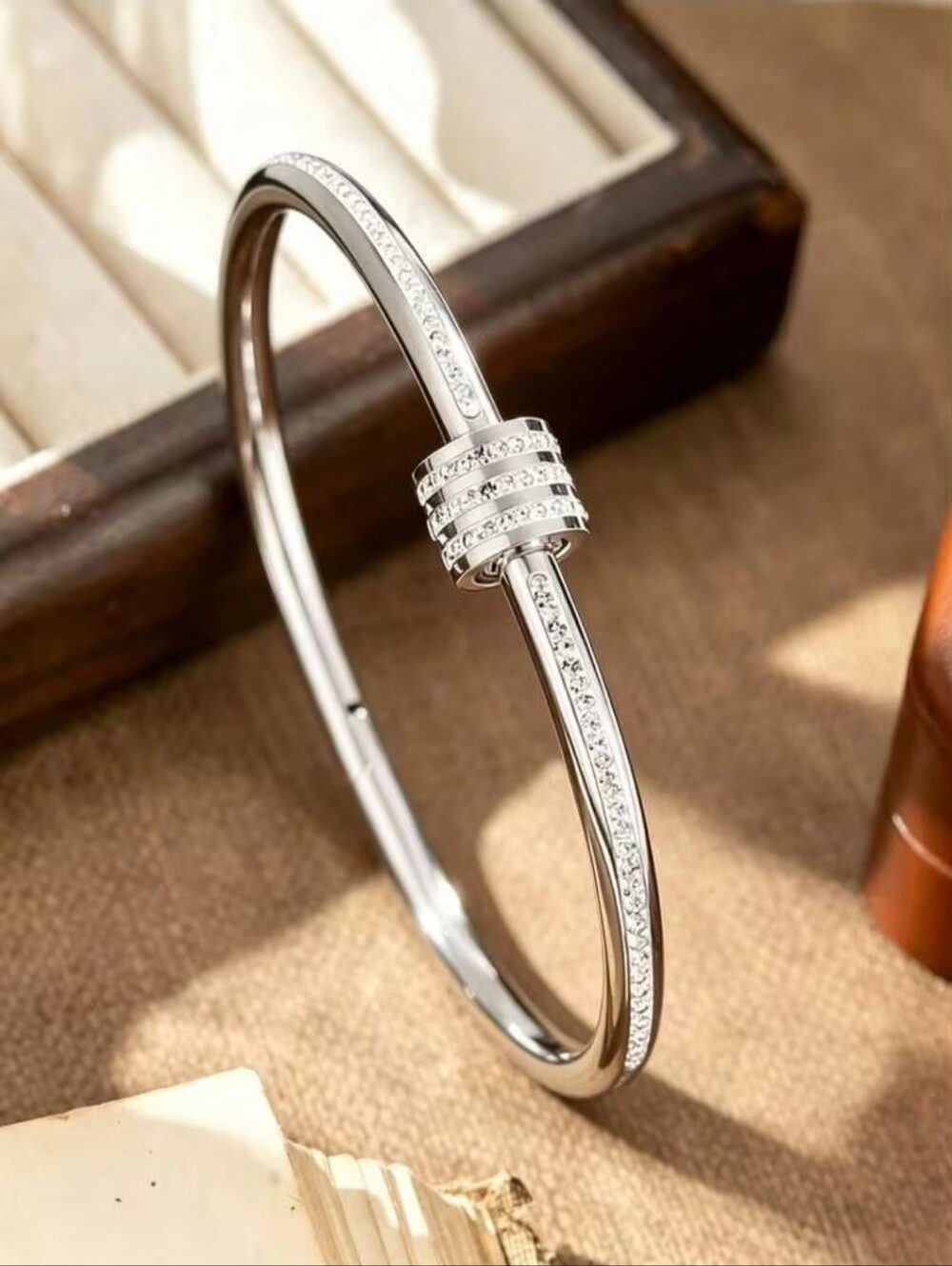 Triple Silver-Tone Women's Bangle Bracelet Set with White Crystal Accents - Picture 2 of 5
